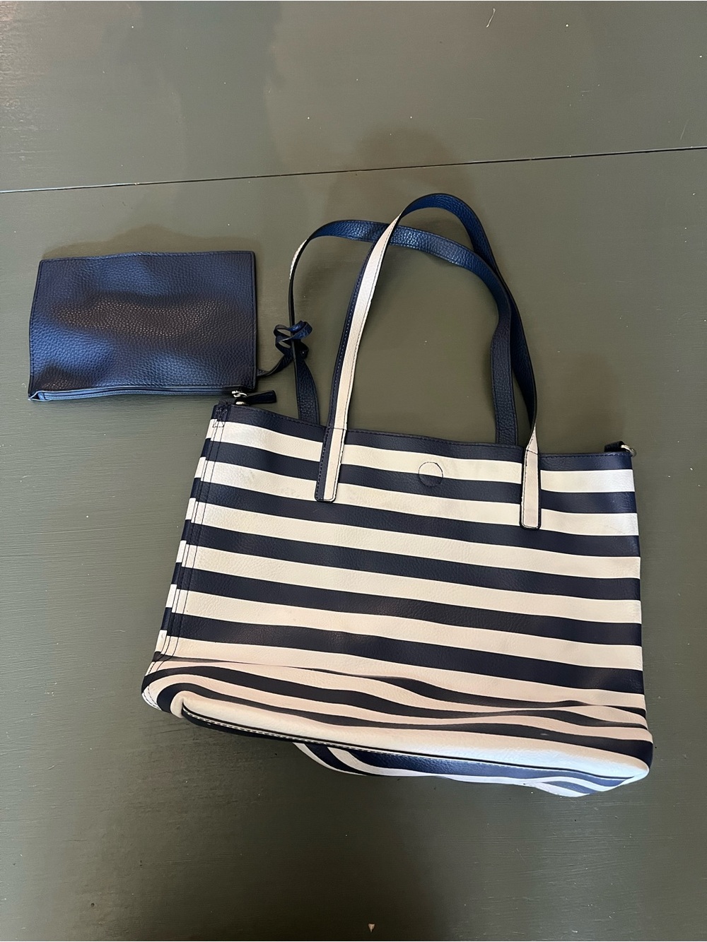 Source Unknown Navy and White Striped Tote with Navy Pouch